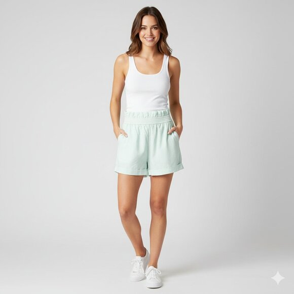 Aritzia Wilfred Shorts Crepe Paperbag Ruched Elastic Waist  Mint Green Size 0 - Picture 3 of 15
